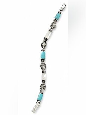 Silver-Tone Turquoise Link Bracelet White Crystal Accents NWT